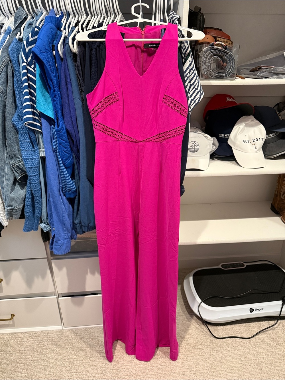 Sugarlips Fuchsia Sleeveless V-Neck Jumpsuit with Lace Insets